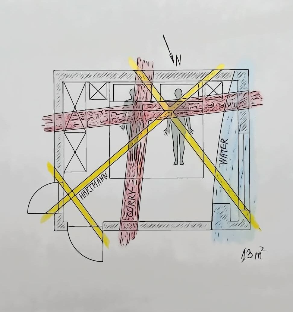 Hand-drawn floor plan overlaid with coloured grid lines marked Hartmann, Curry and water, with two figures
