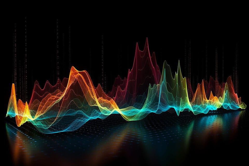 Multicolored glowing waveform peaks rising from a dark reflective grid surface